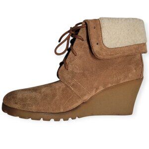 Nautica Boots Size 8.5 Rendon Shearling Brown Suede Lace Up Ankle Top Wedge